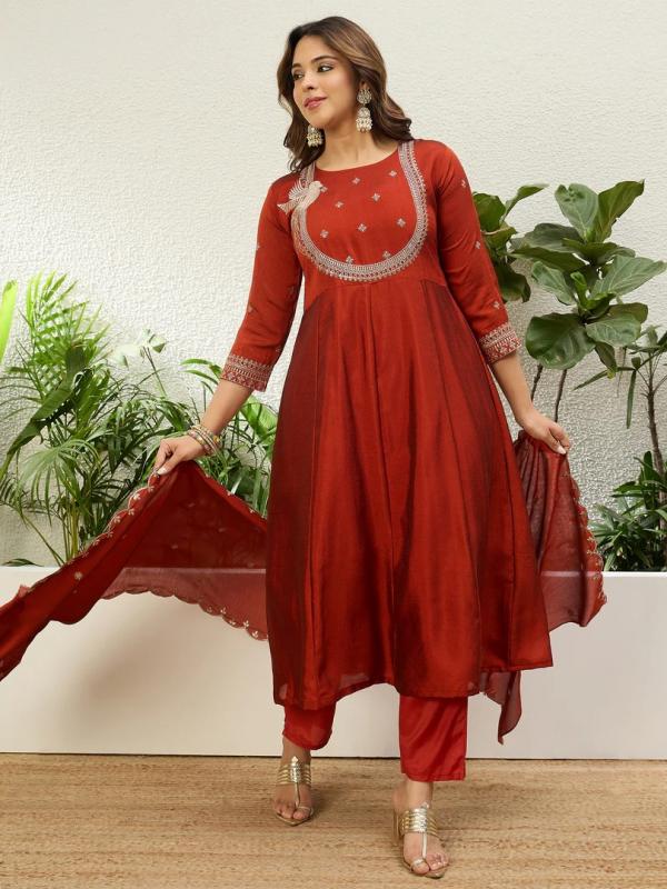 VP 9876 R Women's Rust Red Embroidered Neckline Anarkali Kurta Set